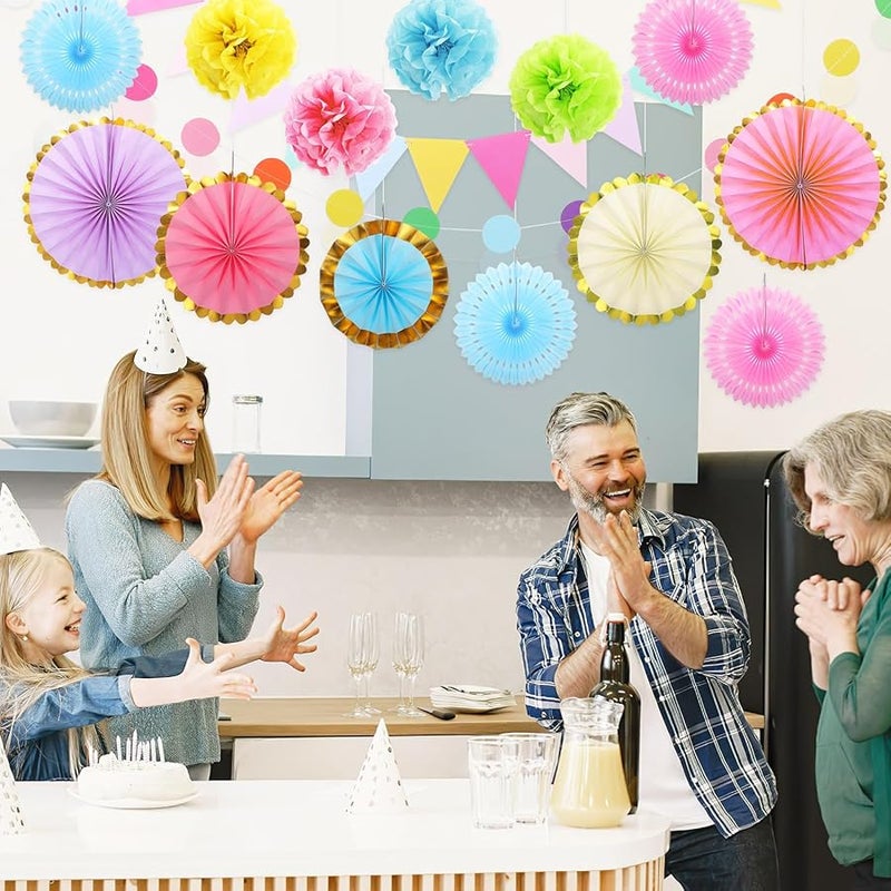 زينة حفلات ورق باستيل مع بوم بوم ومراوح قابلة لإعادة الاستخدام للتعليق لخلفية حفلة عيد ميلاد أو فصل دراسي - Image 2